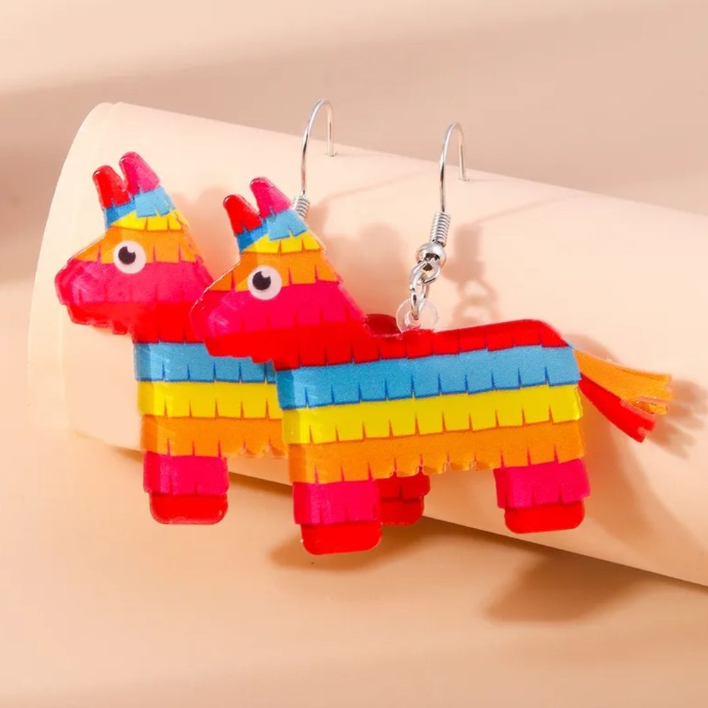 Colorful Festive Pinata Donkey Horse Fiesta Acrylic Earrings NEW - Picture 2 of 8